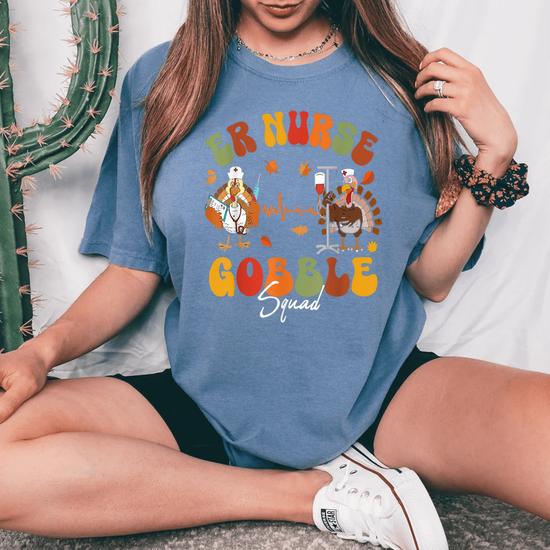 Funny "Gobble Gobble" Thanksgiving Turkey T-Shirt - Women's Graphic Tee, Green