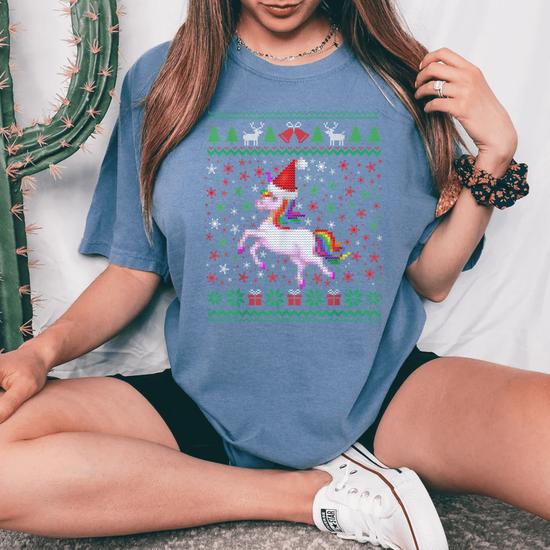 Ugly Christmas Unicorn Sweater Unicorn Xmas Girls Boys Women s Oversized Comfort T Shirt Seseable UK