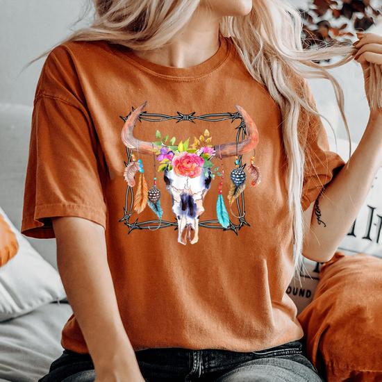 cow skull with flowers shirt