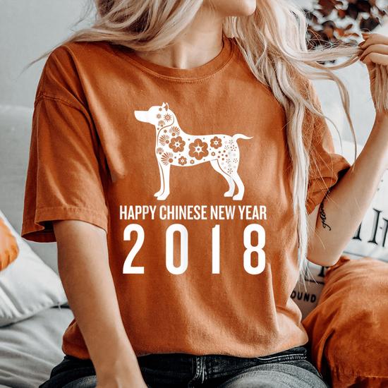 Happy Chinese New Year 2018 Dog Graphic Floral Women's Oversized