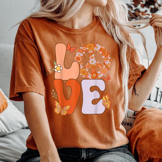 Peace Sign Love 60S 70S Groovy Hippie Theme Floral Funny Women s Oversized Graphic Print Comfort T shirt Monsterry