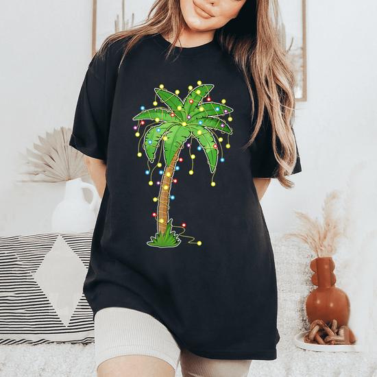 Wrenpies Women's Christmas In July Shirt - Hawaiian Palm Tree Holiday Beach Vacation Graphic Tee - View #4