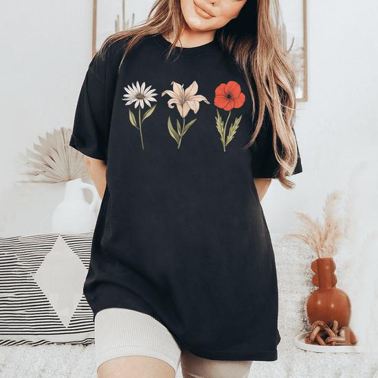 Vintage Flower Drawing Lily Poppy Daisy Women's Oversized