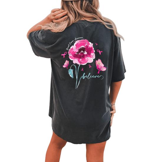 Womens Believe Flower Butterfly Pink Ribbon Breast Cancer Awareness T-Shirt Womens Believe Flower Butterfly Pink Ribbon Breast Cancer Awareness T-Shirt
