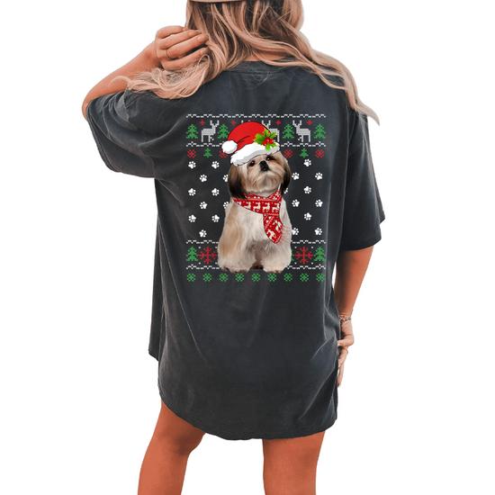 Ugly Sweater Christmas Shih Tzu Dog Puppy Xmas Pajama Women s Oversized Comfort T shirt Back Print Seseable UK