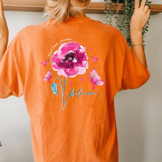 Womens Believe Flower Butterfly Pink Ribbon Breast Cancer Awareness T-Shirt Womens Believe Flower Butterfly Pink Ribbon Breast Cancer Awareness T-Shirt