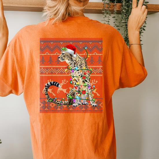 Santa Cheetah Christmas Tree Lights Ugly Sweater Pajama Women s Oversized Comfort T shirt Back Print Seseable UK