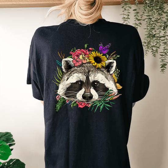 Floral Raccoon Gardening Botanical Plant Flower Trash Panda Women's  Oversized Comfort T-Shirt Back Print
