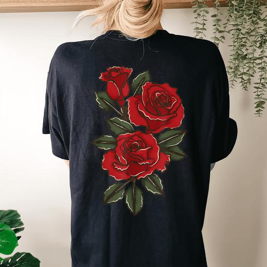 Black back sold rose flower print women's short-sleeved T-shirt