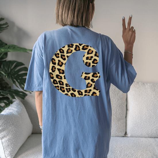 Womens Leopard Cheetah Print Letter T Initial Rustic Monogram Gift V-Neck  T-Shirt