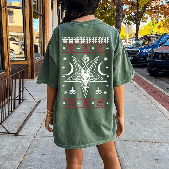 Baphomet Satan Ugly Christmas Sweater Goth Christmas Women s Oversized Comfort T shirt Back Print Mazezy DE