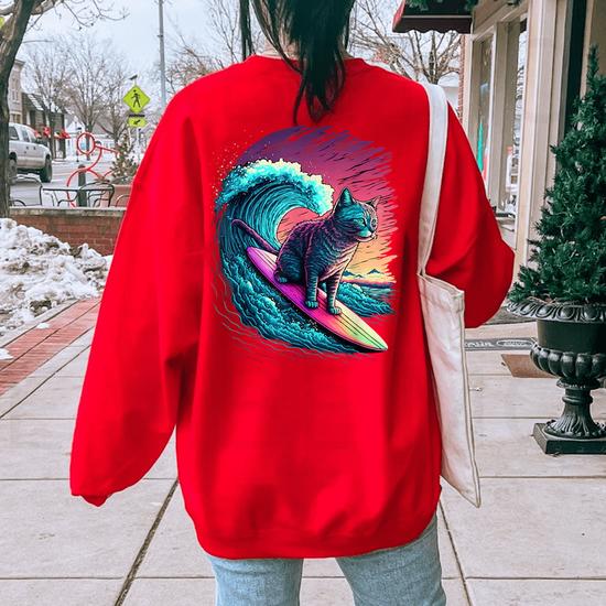 Vintage 80S Vaporwave Synthwave Retro Surfing Cat Kitten Women's Oversized  Sweatshirt Back Print | Mazezy