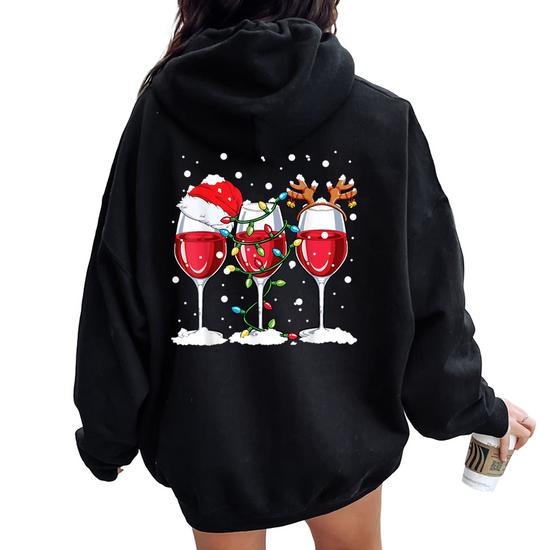 Wine Christmas Lights Xmas Women Santa Hat Reindeer Antlers T-Shirt