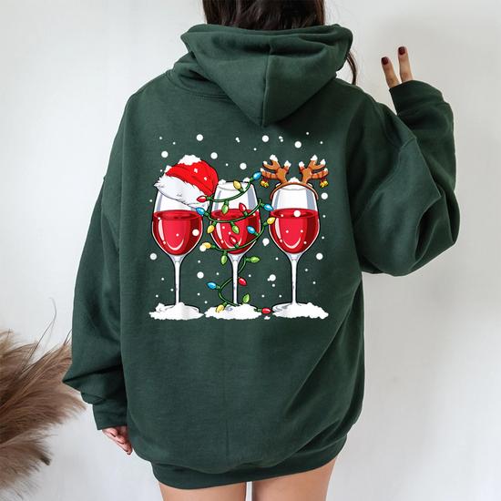 Wine Christmas Lights Xmas Women Santa Hat Reindeer Antlers T-Shirt